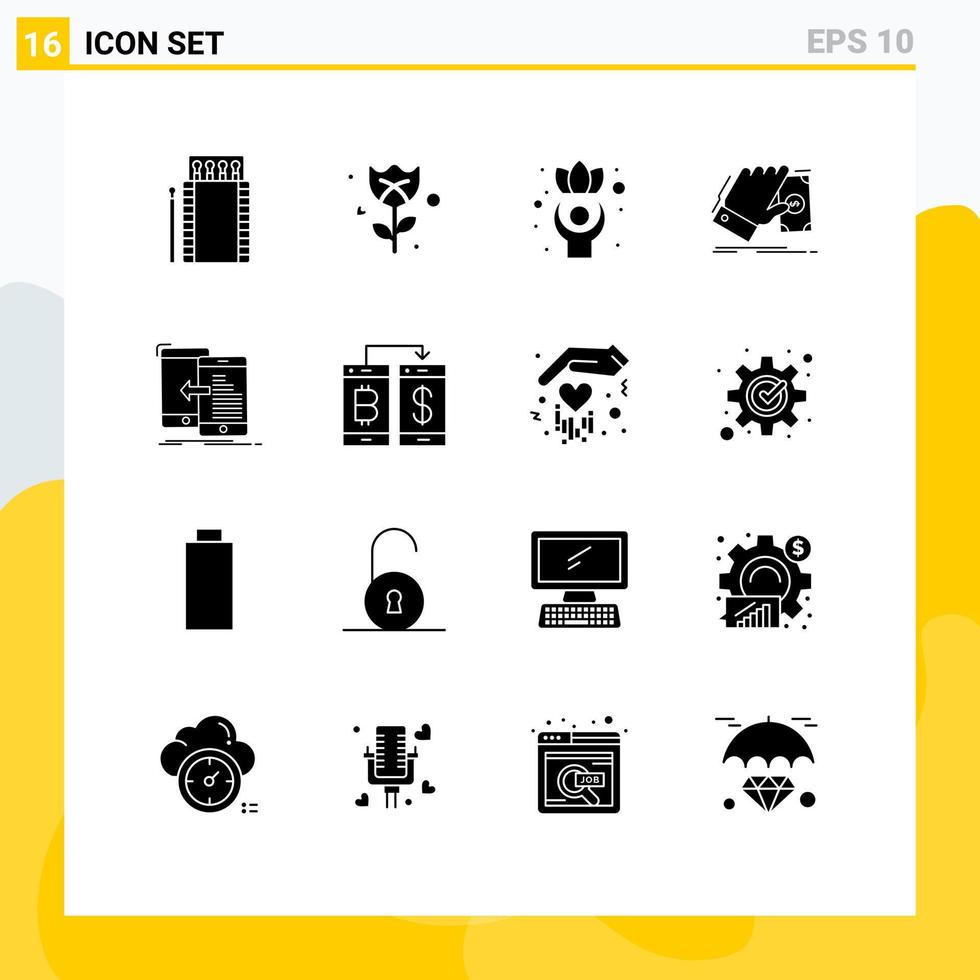 móvil interfaz sólido glifo conjunto de dieciséis pictogramas de datos ganar ejercicio dinero negocio editable vector diseño elementos