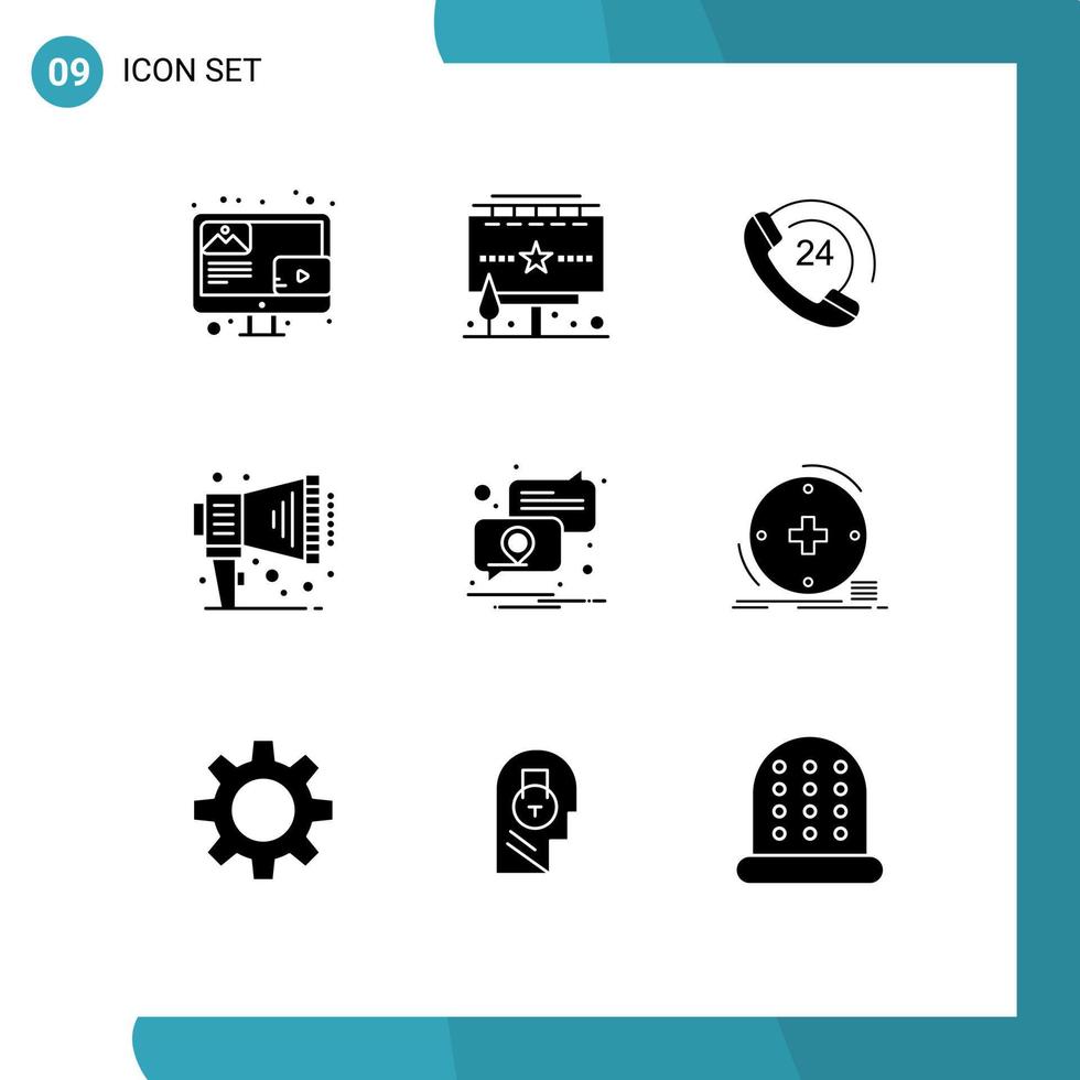 Mobile Interface Solid Glyph Set of 9 Pictograms of pin location call speaker announce Editable Vector Design Elements