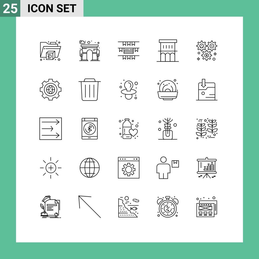 Line Pack of 25 Universal Symbols of configuration wheel american cog property Editable Vector Design Elements