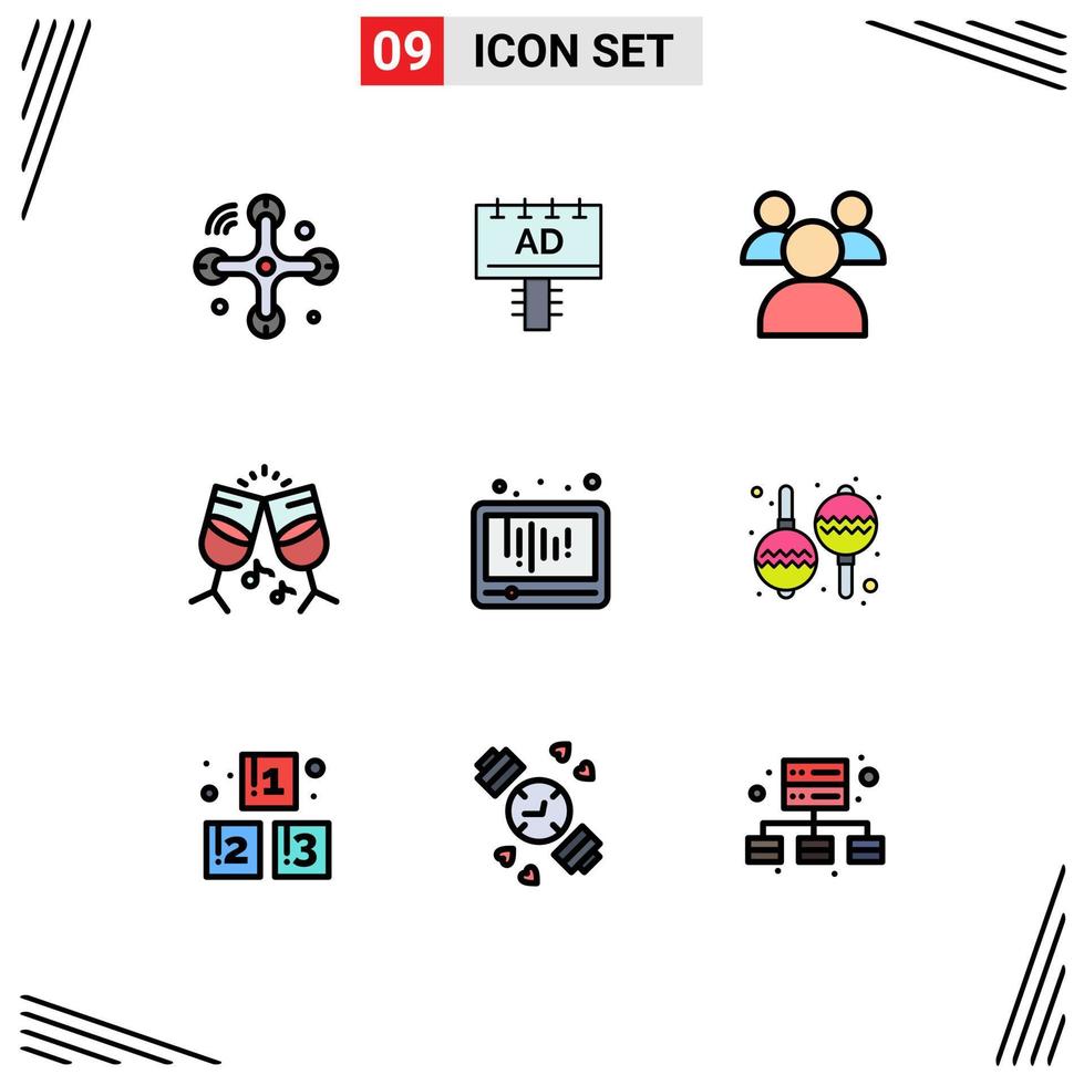 Pictogram Set of 9 Simple Filledline Flat Colors of social media education audio drink Editable Vector Design Elements