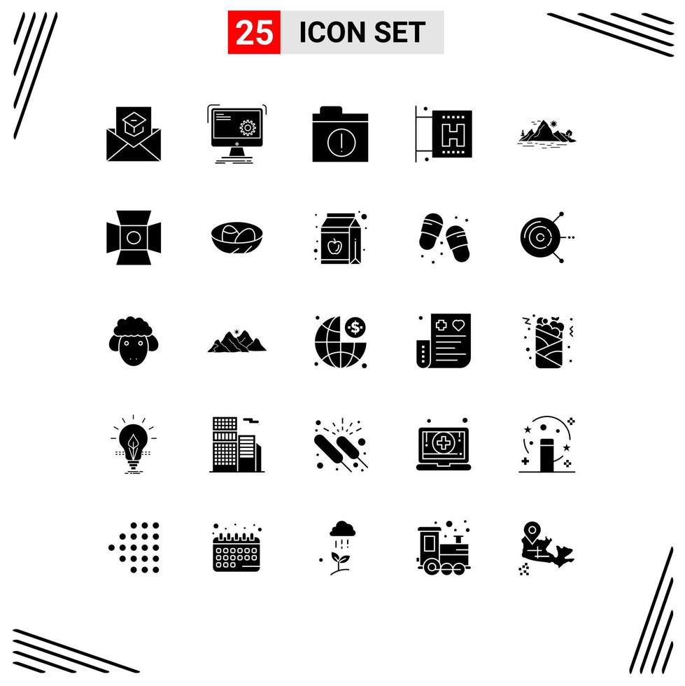 Group of 25 Modern Solid Glyphs Set for hill vacation process travel folder Editable Vector Design Elements