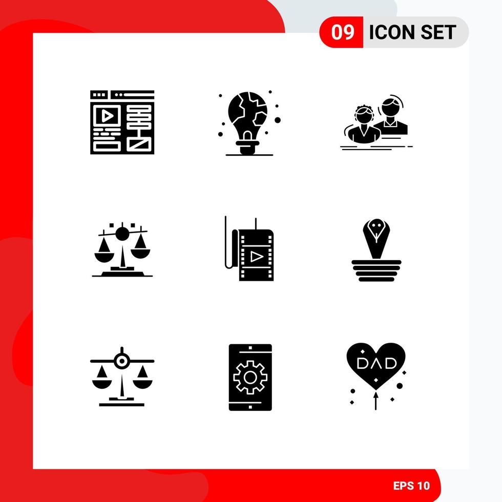 Universal Icon Symbols Group of 9 Modern Solid Glyphs of film justice student law team Editable Vector Design Elements