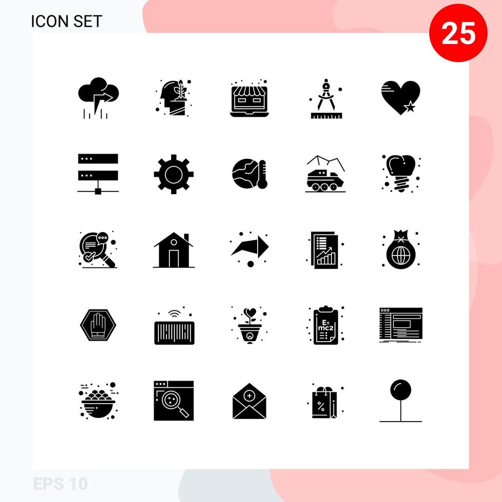 25 User Interface Solid Glyph Pack of modern Signs and Symbols of like heart shop star art Editable Vector Design Elements