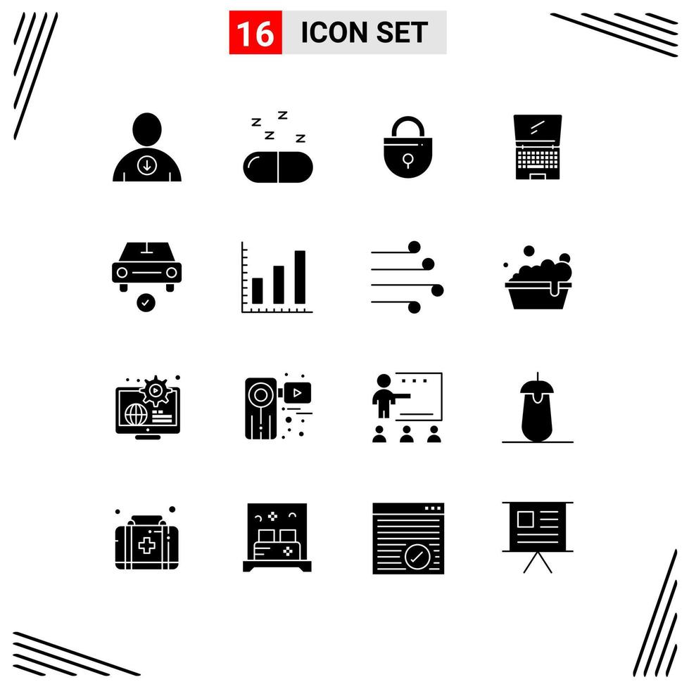 Modern Set of 16 Solid Glyphs Pictograph of complete car locked flip device Editable Vector Design Elements