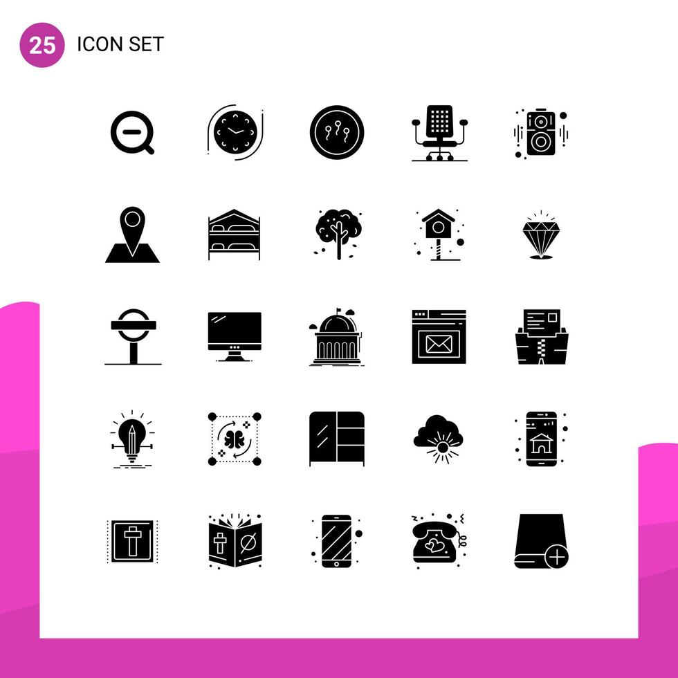 User Interface Pack of 25 Basic Solid Glyphs of contact loudspeaker biology audio office Editable Vector Design Elements