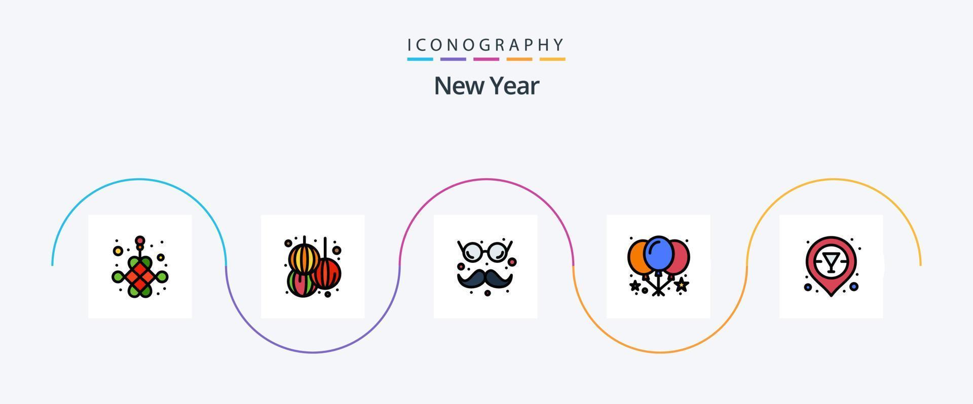 New Year Line Filled Flat 5 Icon Pack Including vodka. champagne bar location. fun. party. balloon vector