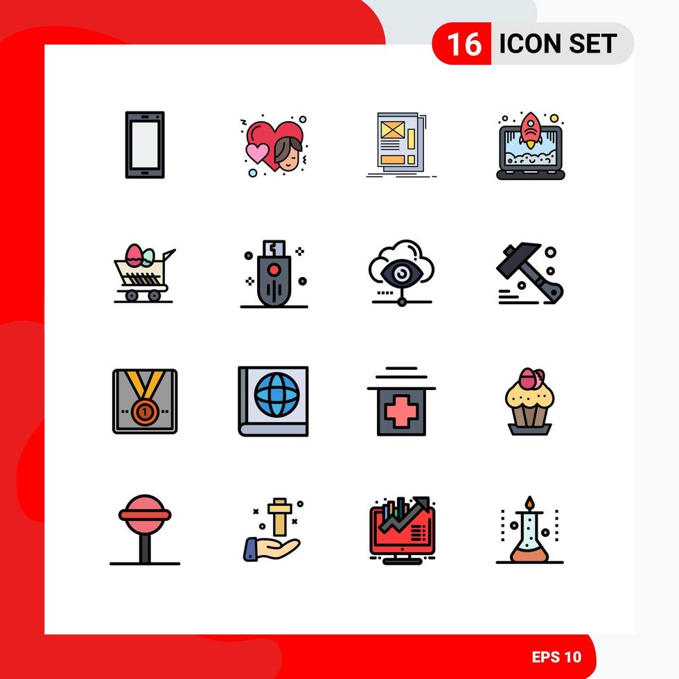Set of 16 Vector Flat Color Filled Lines on Grid for cart rocket face laptop layout Editable Creative Vector Design Elements