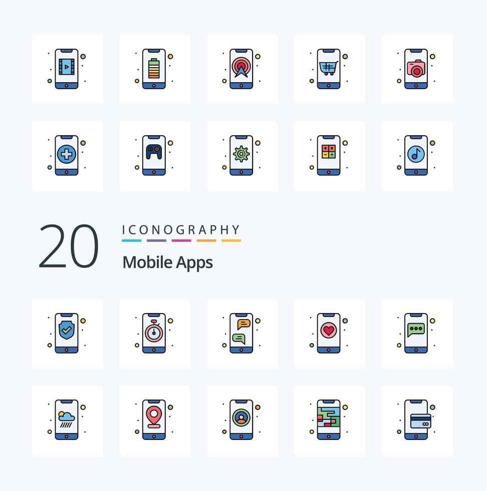 20 móvil aplicaciones línea lleno color icono paquete me gusta aplicación teléfono reloj Fechado instante Mensajero vector