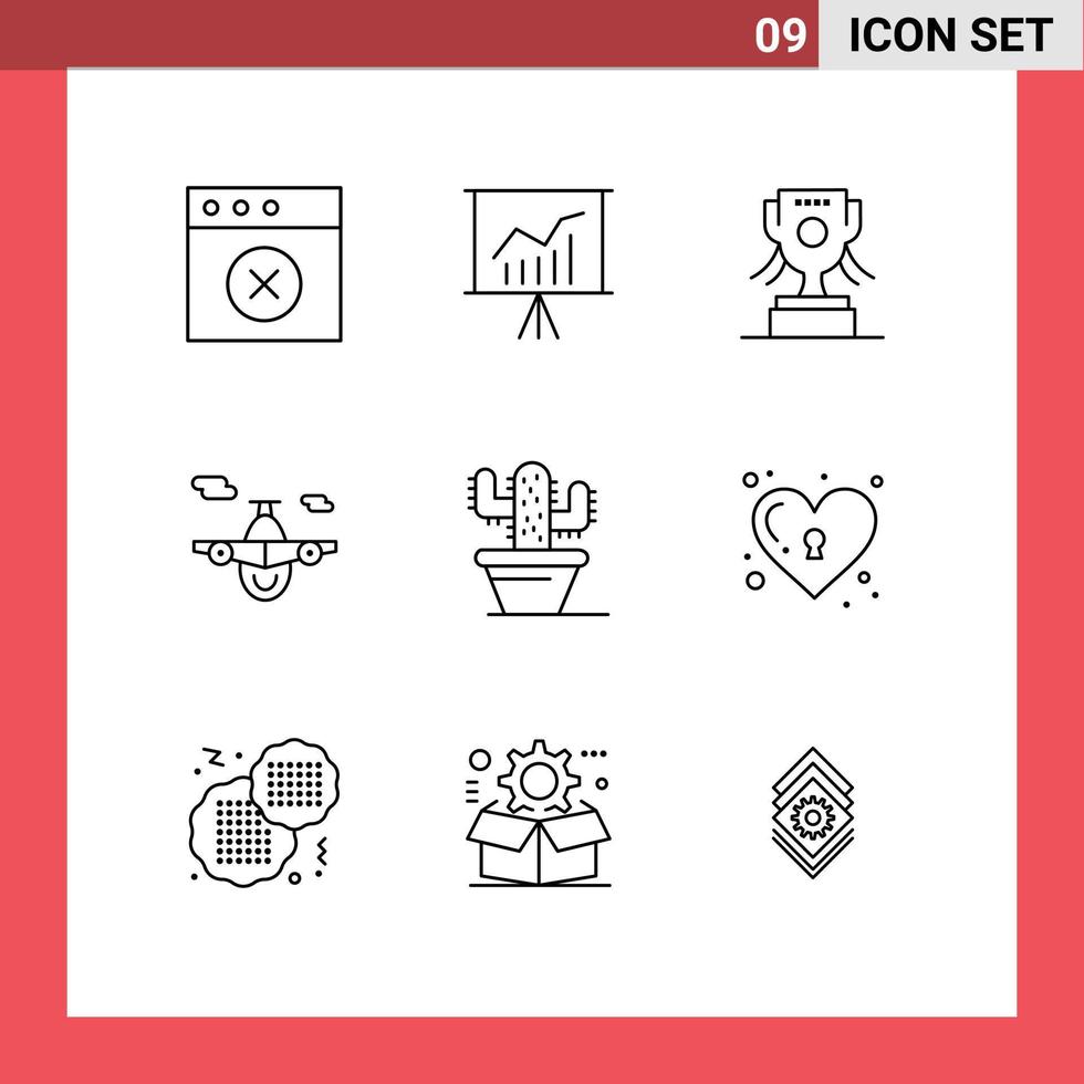 Group of 9 Modern Outlines Set for heart nature cup cactus transport Editable Vector Design Elements