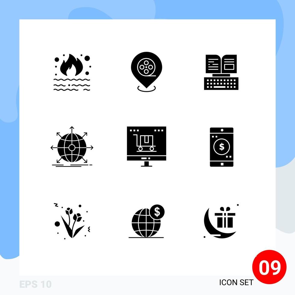 Group of 9 Solid Glyphs Signs and Symbols for advertising network key international business Editable Vector Design Elements