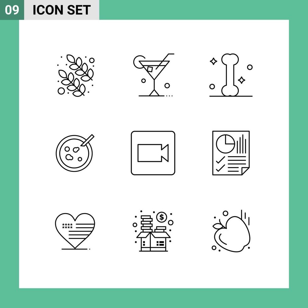Mobile Interface Outline Set of 9 Pictograms of bars record bone camera analysis Editable Vector Design Elements
