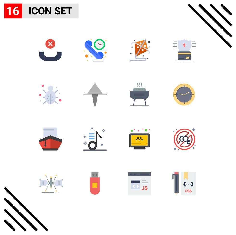 Mobile Interface Flat Color Set of 16 Pictograms of network bug fly hack card Editable Pack of Creative Vector Design Elements
