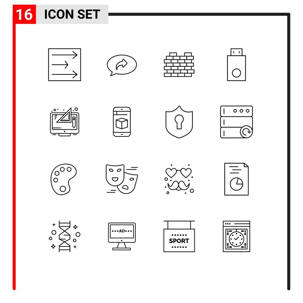 Modern Set of 16 Outlines and symbols such as design technology protection products dongle Editable Vector Design Elements