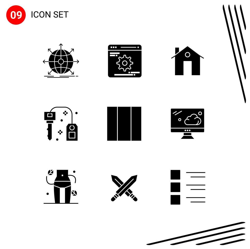 Pack of 9 creative Solid Glyphs of success key optimization hotel buildings Editable Vector Design Elements