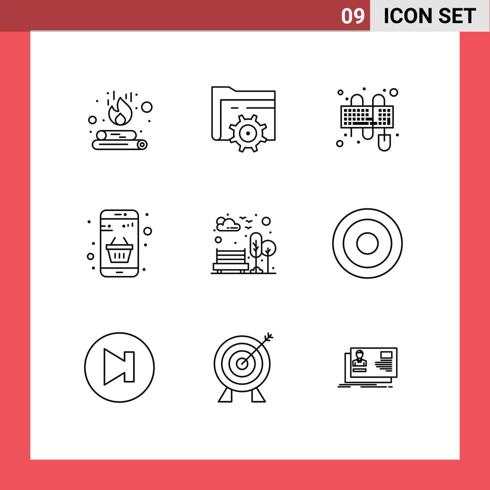 Group of 9 Outlines Signs and Symbols for bench money input cart basket Editable Vector Design Elements