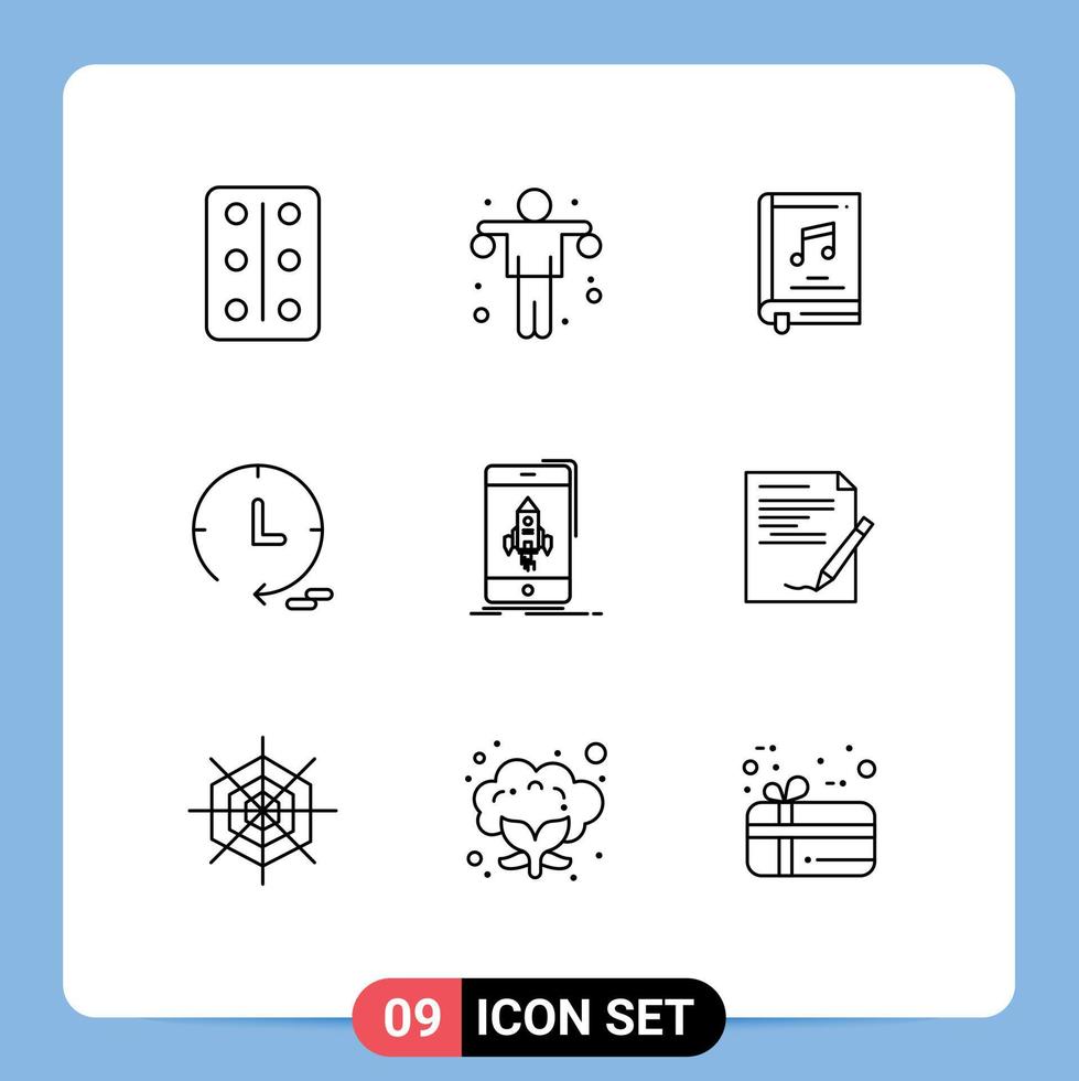 Pack of 9 creative Outlines of start game book watch marketing Editable Vector Design Elements