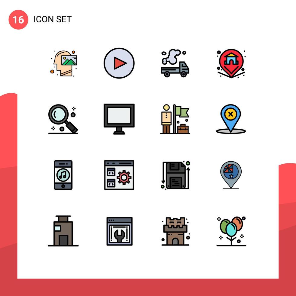 16 Thematic Vector Flat Color Filled Lines and Editable Symbols of magnifier home truck property location Editable Creative Vector Design Elements