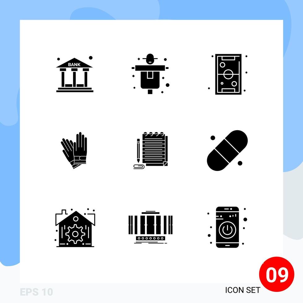 Pack of 9 Modern Solid Glyphs Signs and Symbols for Web Print Media such as notepad construction fun building recreation Editable Vector Design Elements