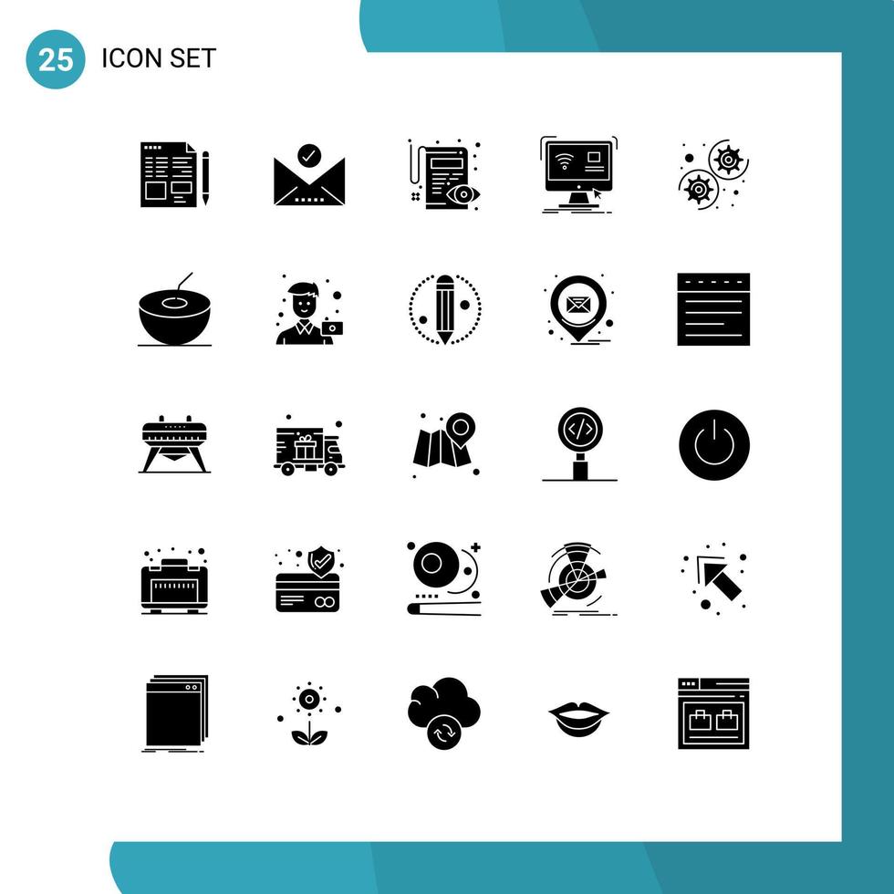 25 sólido glifo concepto para sitios web móvil y aplicaciones engranaje remoto documento monitor controlar editable vector diseño elementos