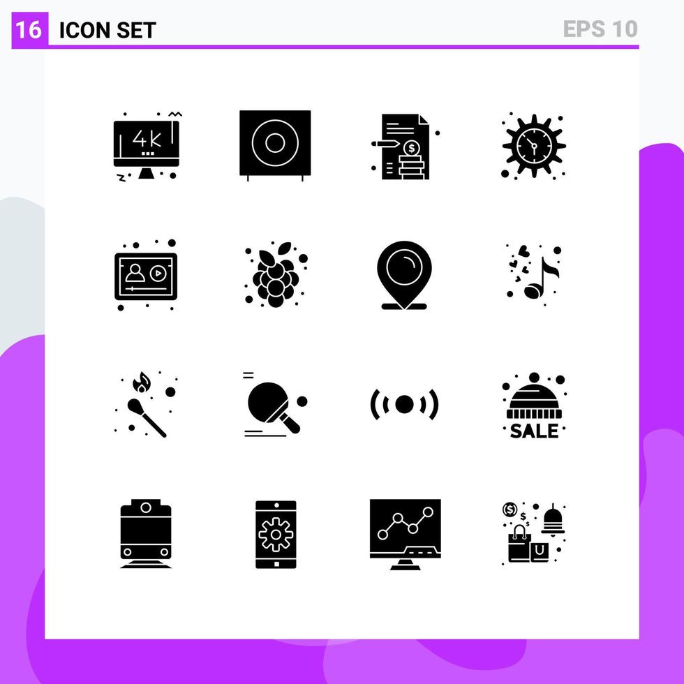 Pictogram Set of 16 Simple Solid Glyphs of online watch subwoofer time gear Editable Vector Design Elements