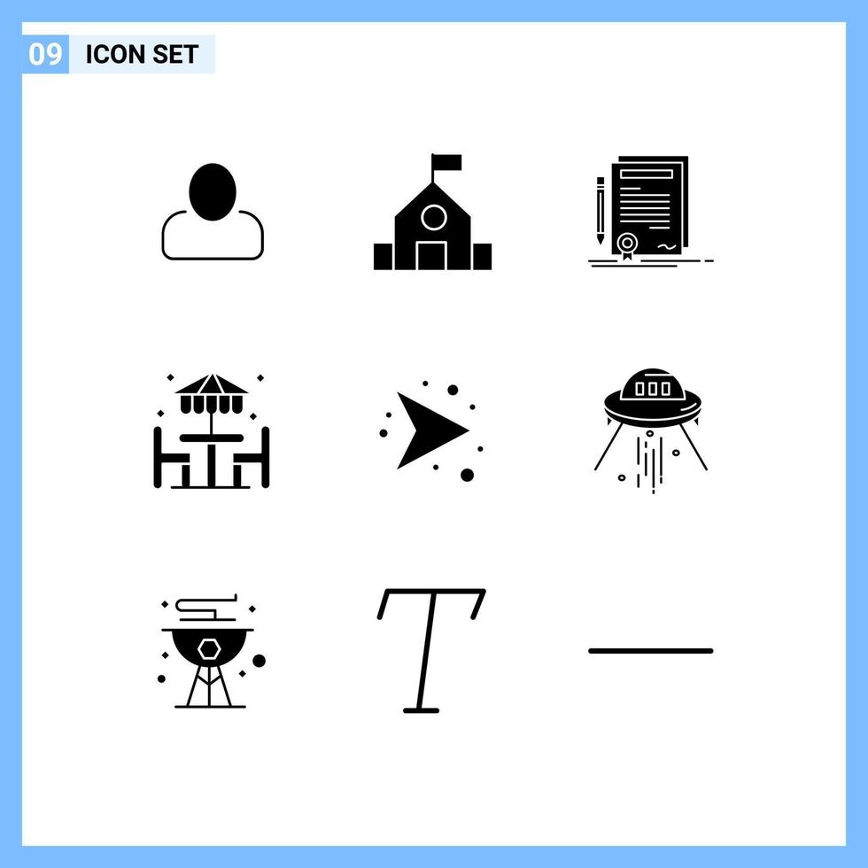Solid Glyph Pack of 9 Universal Symbols of direction furniture certificate dinner beach Editable Vector Design Elements