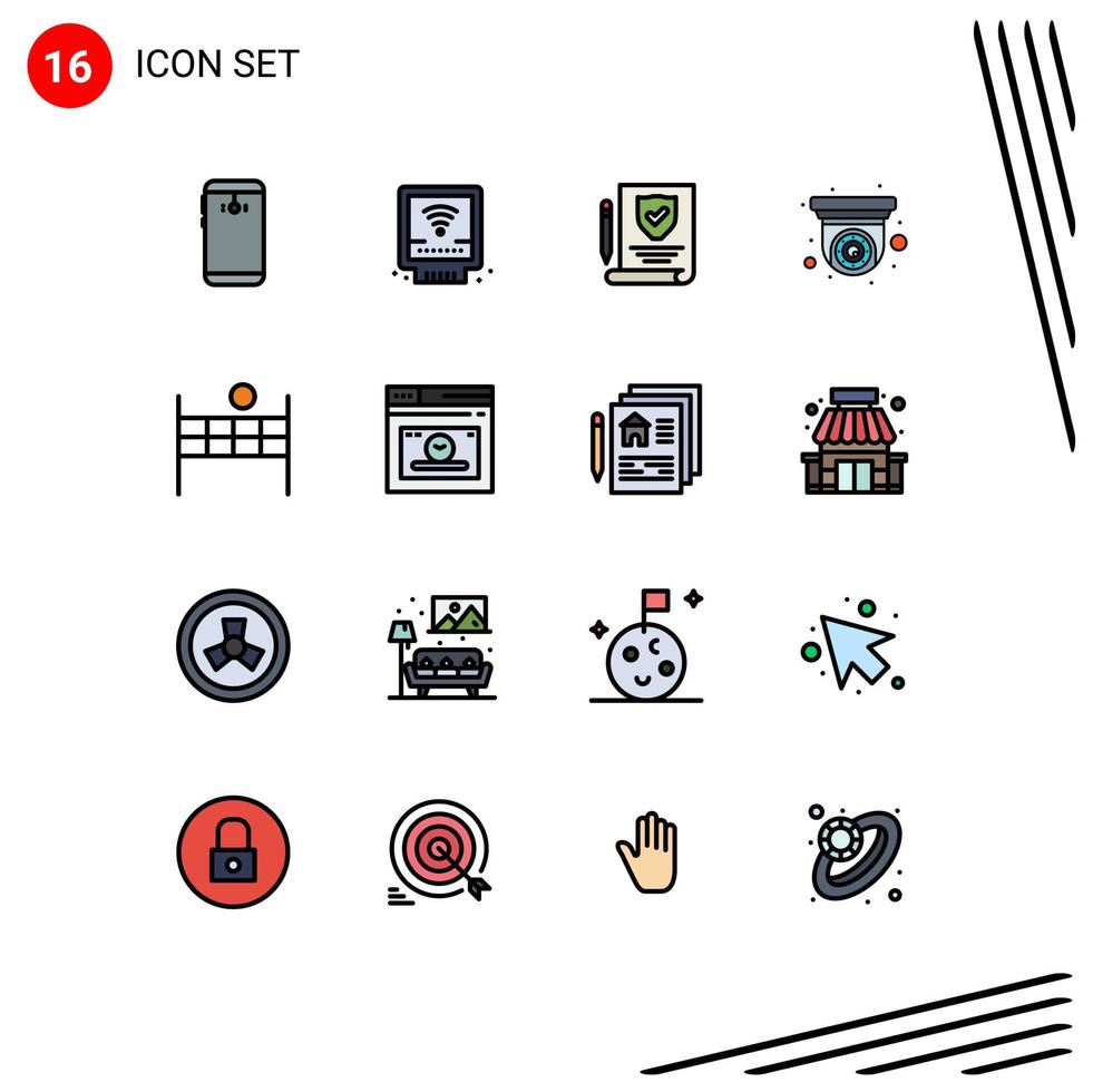 Mobile Interface Flat Color Filled Line Set of 16 Pictograms of sport security camera plumbing security camera Editable Creative Vector Design Elements