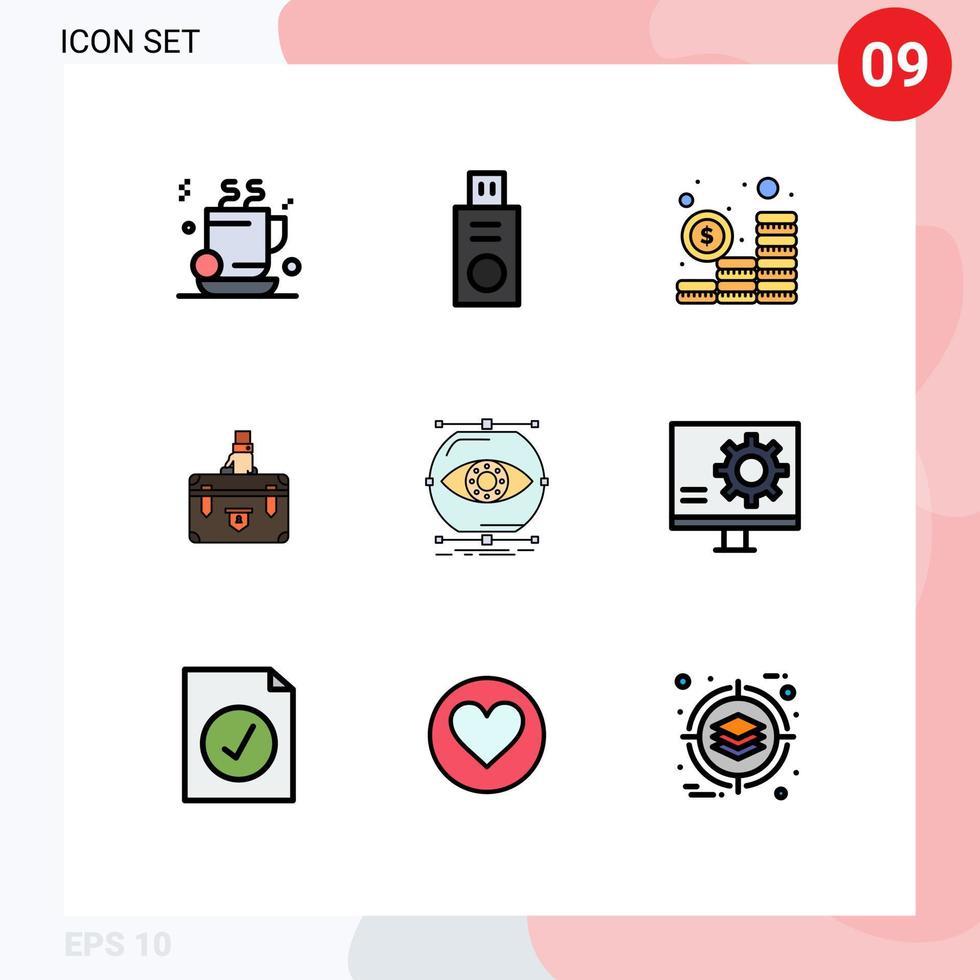 9 Universal Filledline Flat Colors Set for Web and Mobile Applications portfolio documents investment case briefcase Editable Vector Design Elements