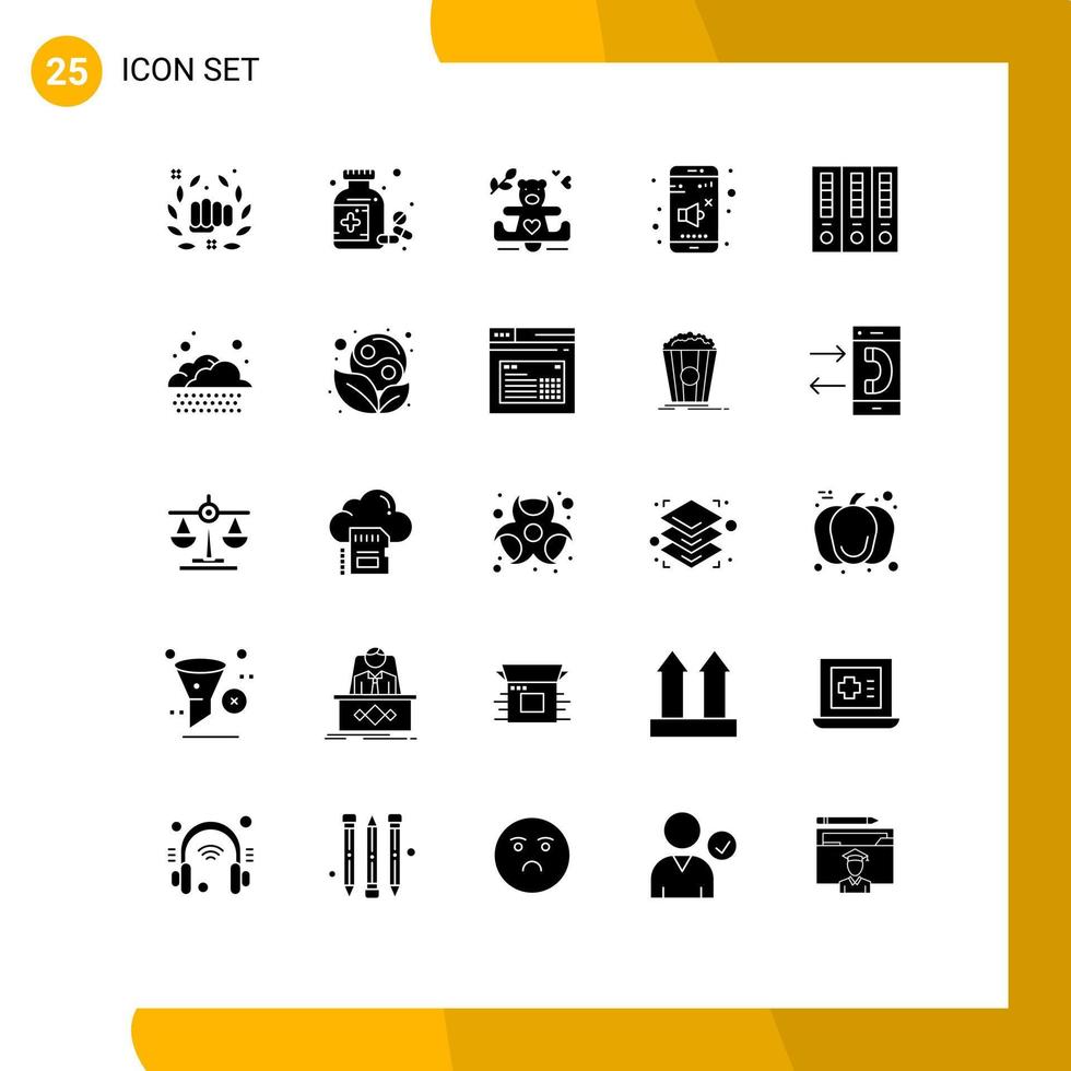 25 Thematic Vector Solid Glyphs and Editable Symbols of archive volume tablet sound wedding Editable Vector Design Elements