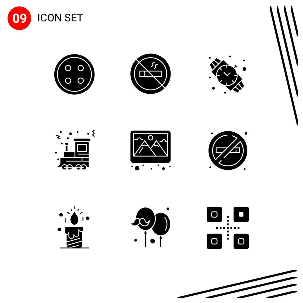 Pack of 9 creative Solid Glyphs of picture frame hand watch train festival Editable Vector Design Elements