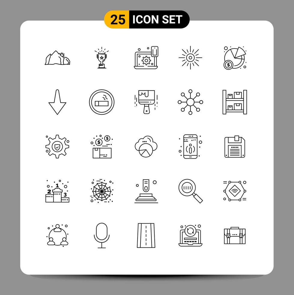 25 User Interface Line Pack of modern Signs and Symbols of brightness light trophy sun setting Editable Vector Design Elements