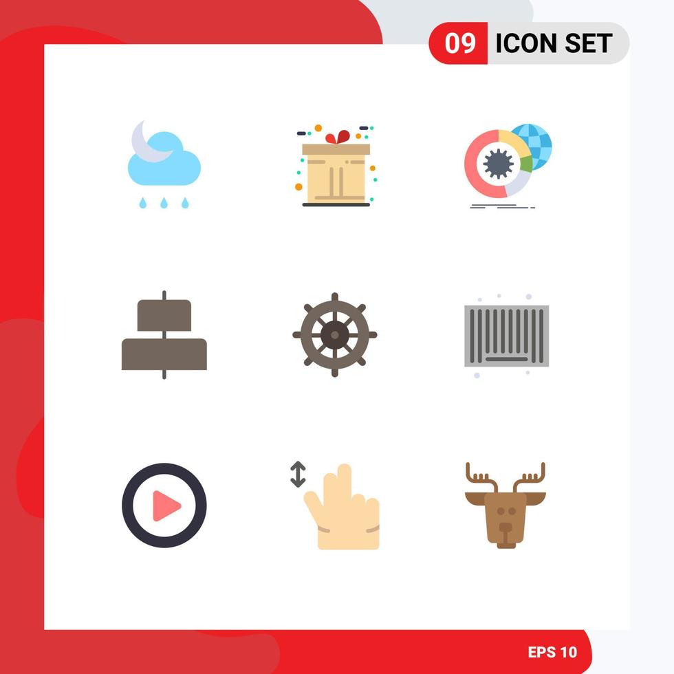 Pack of 9 creative Flat Colors of steering beach big data horizontal align Editable Vector Design Elements
