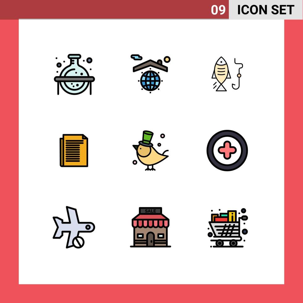 Modern Set of 9 Filledline Flat Colors and symbols such as fly paper fishing report document Editable Vector Design Elements