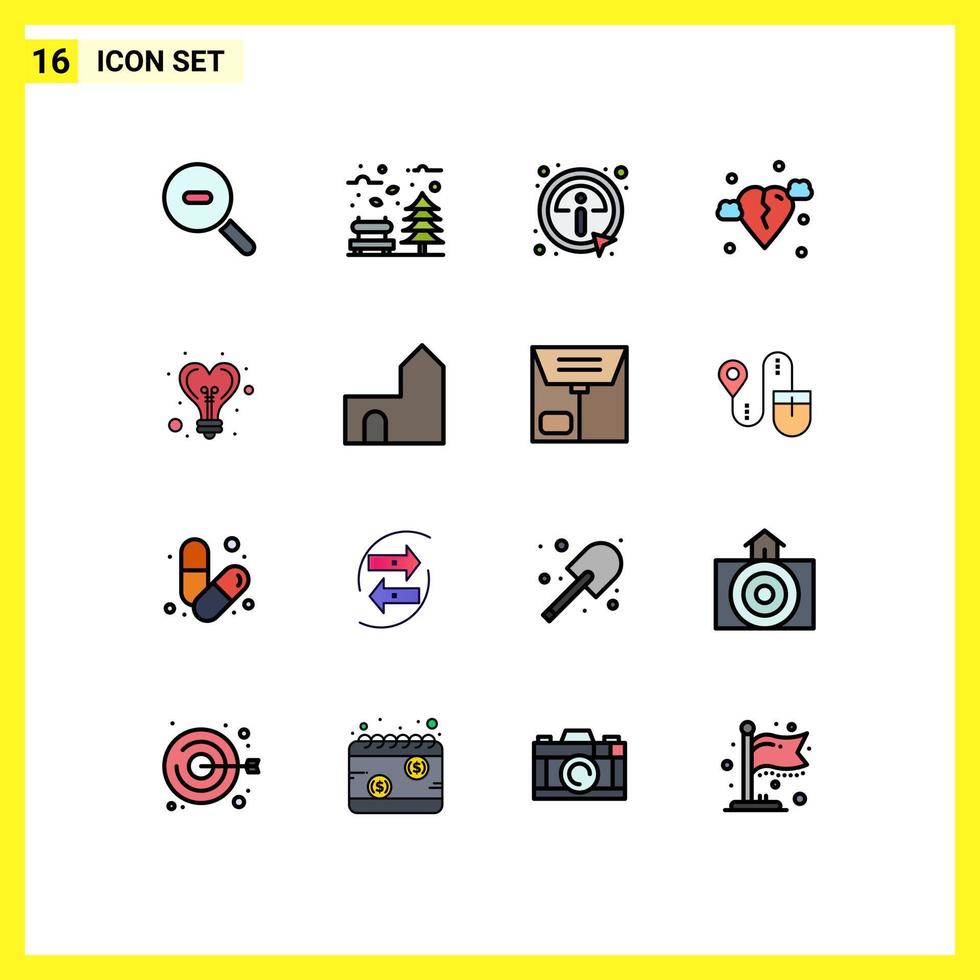 Mobile Interface Flat Color Filled Line Set of 16 Pictograms of idea sic click heart break Editable Creative Vector Design Elements