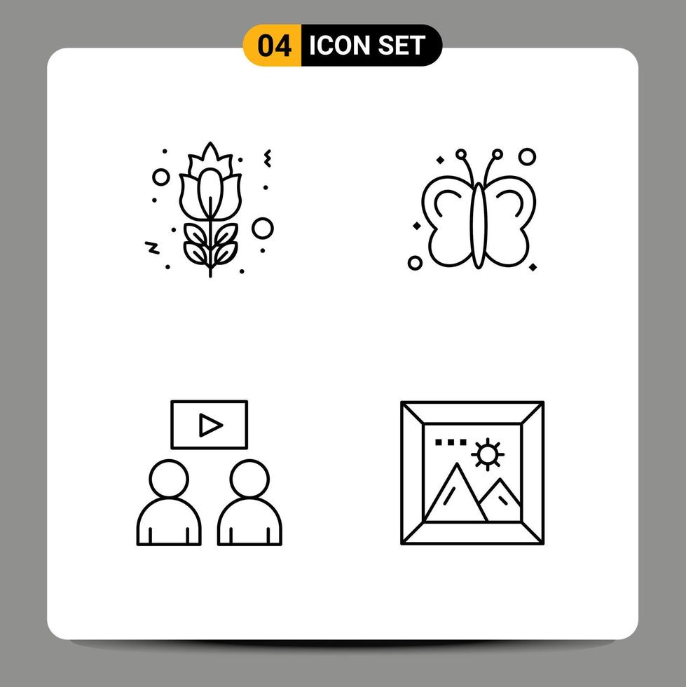 Mobile Interface Line Set of 4 Pictograms of blossom watch rose insects gallery Editable Vector Design Elements