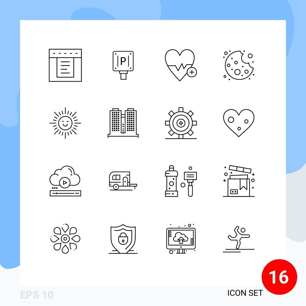 16 Universal Outlines Set for Web and Mobile Applications building shinning heart beat beach cookie Editable Vector Design Elements