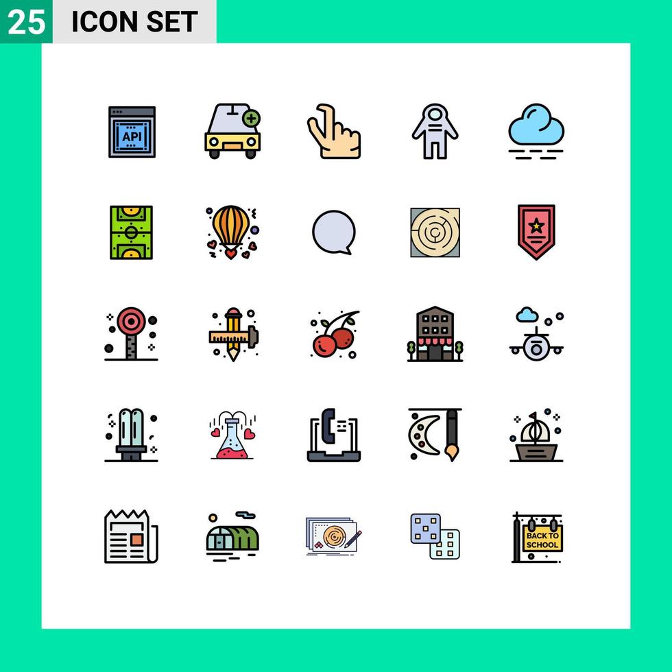 Mobile Interface Filled line Flat Color Set of 25 Pictograms of warm space traveler vehicles people astronaut Editable Vector Design Elements