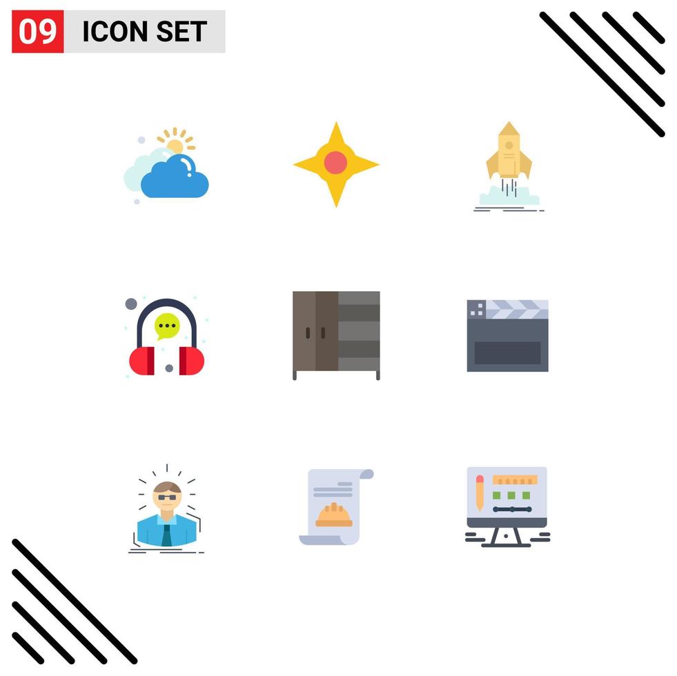 Group of 9 Flat Colors Signs and Symbols for furniture headphone startup customer bubble Editable Vector Design Elements