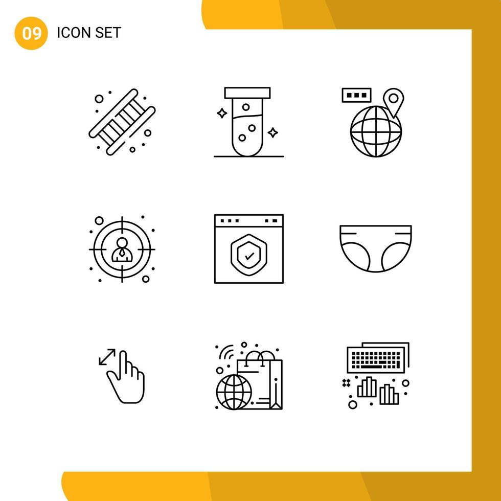 9 User Interface Outline Pack of modern Signs and Symbols of check target lab search location Editable Vector Design Elements