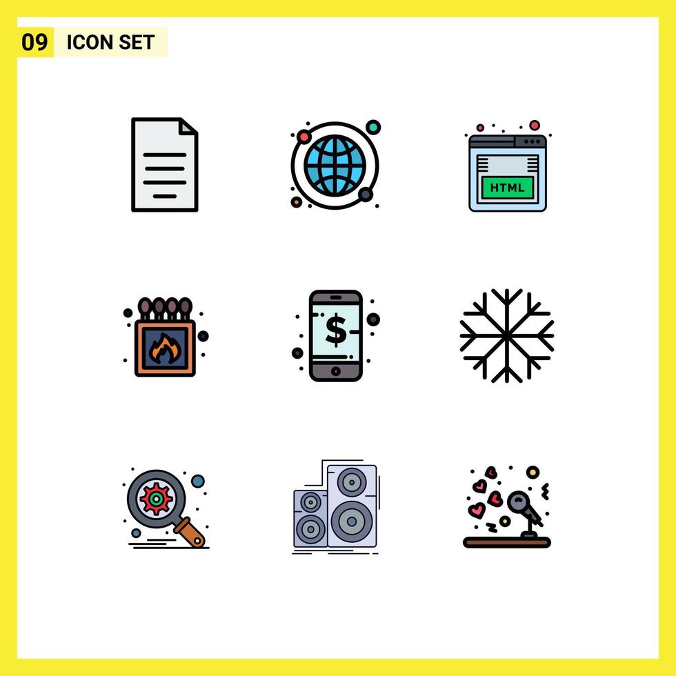 Pictogram Set of 9 Simple Filledline Flat Colors of business match world wide fire marketing Editable Vector Design Elements