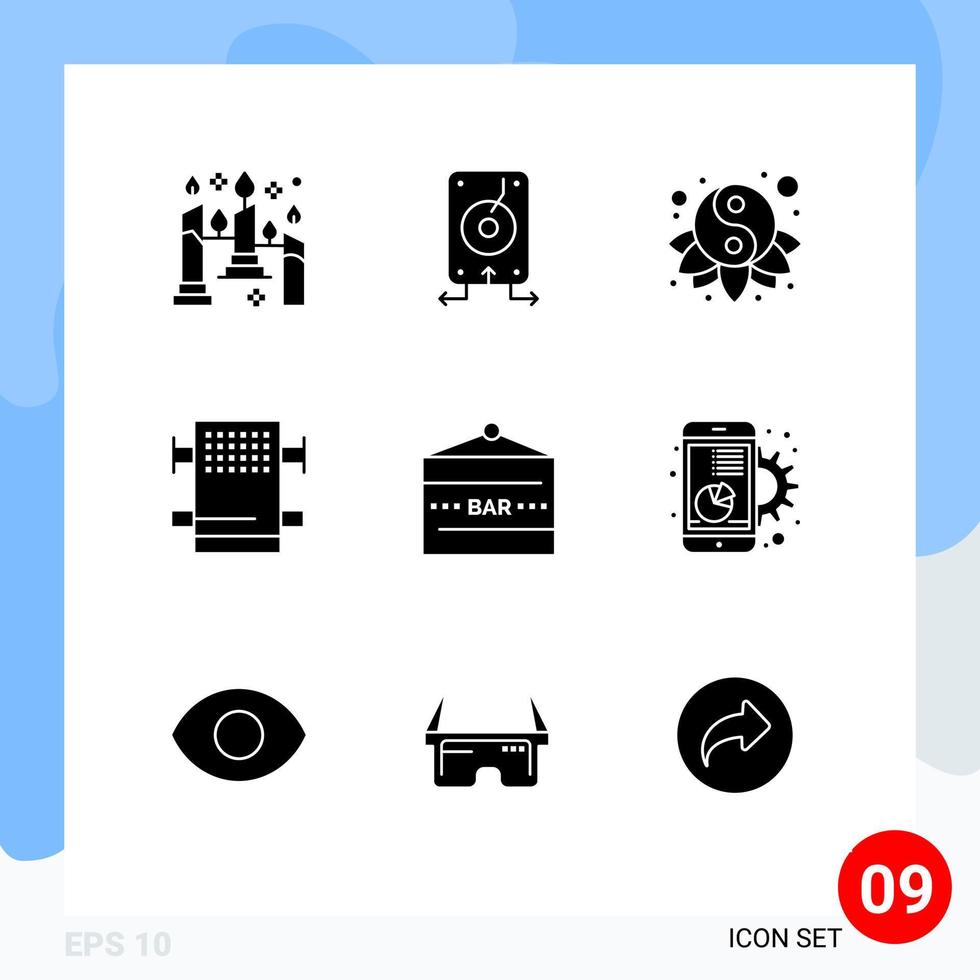 Modern Set of 9 Solid Glyphs Pictograph of bar sign room storage bath yin Editable Vector Design Elements