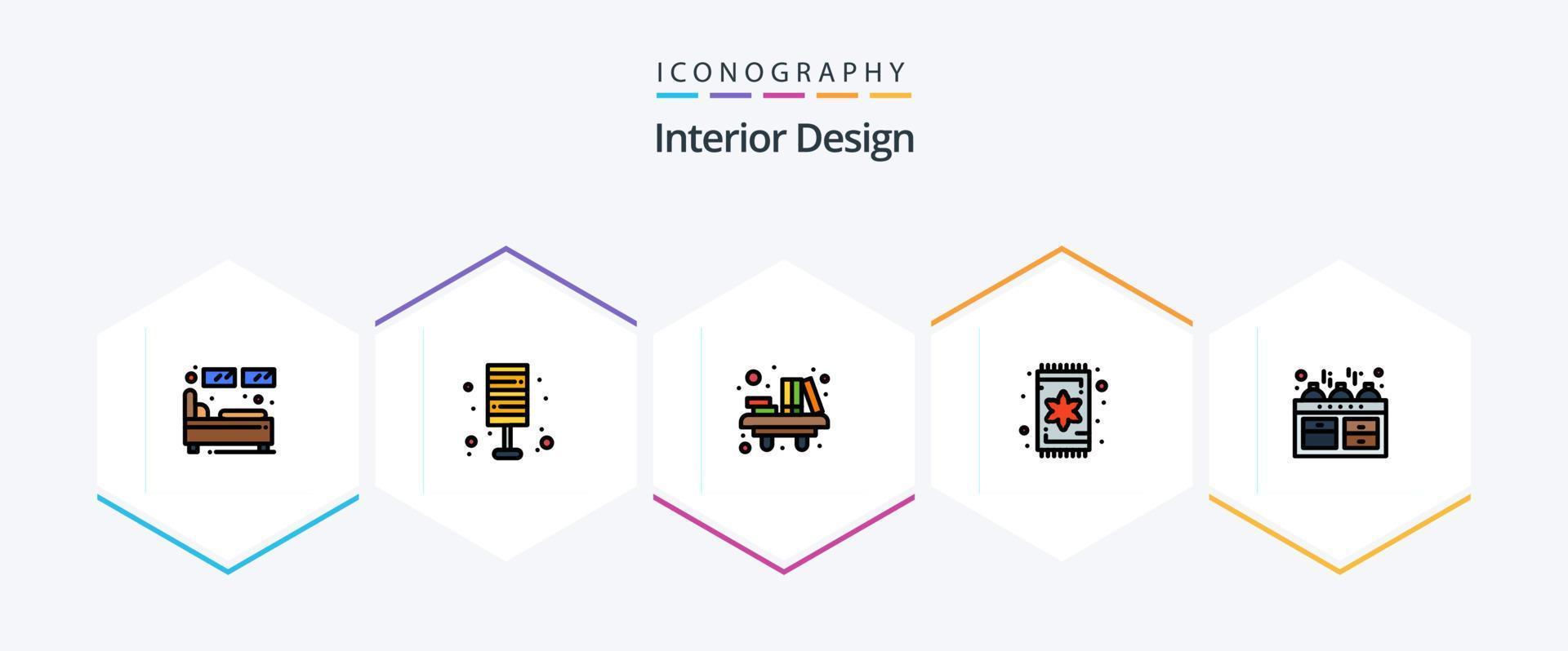 Interior Design 25 FilledLine icon pack including interior. carpet. lamp. table. library vector