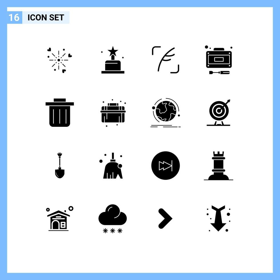 16 User Interface Solid Glyph Pack of modern Signs and Symbols of plumber recycling bin feather service recuperation Editable Vector Design Elements