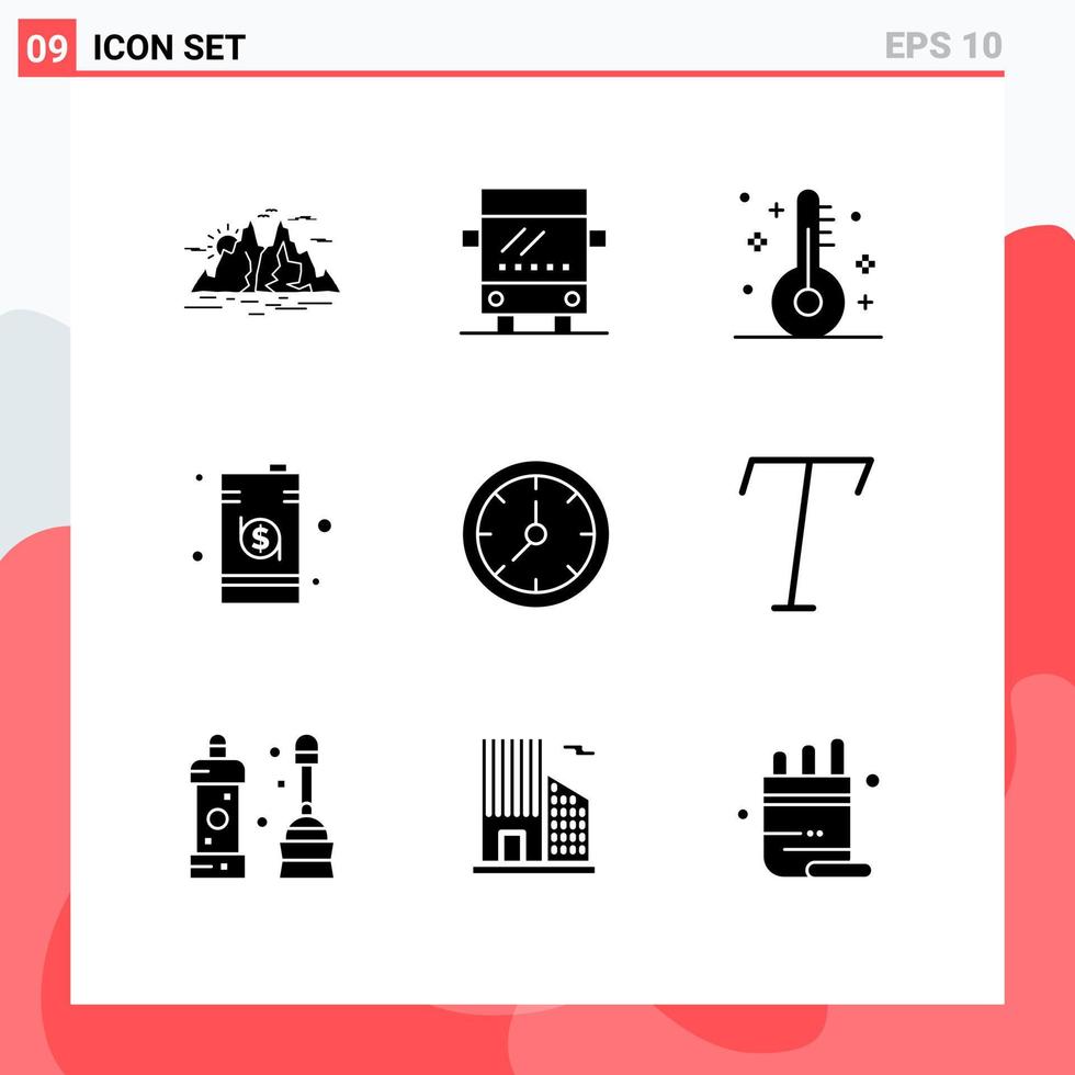 User Interface Pack of 9 Basic Solid Glyphs of clock drum christmas dollar business Editable Vector Design Elements