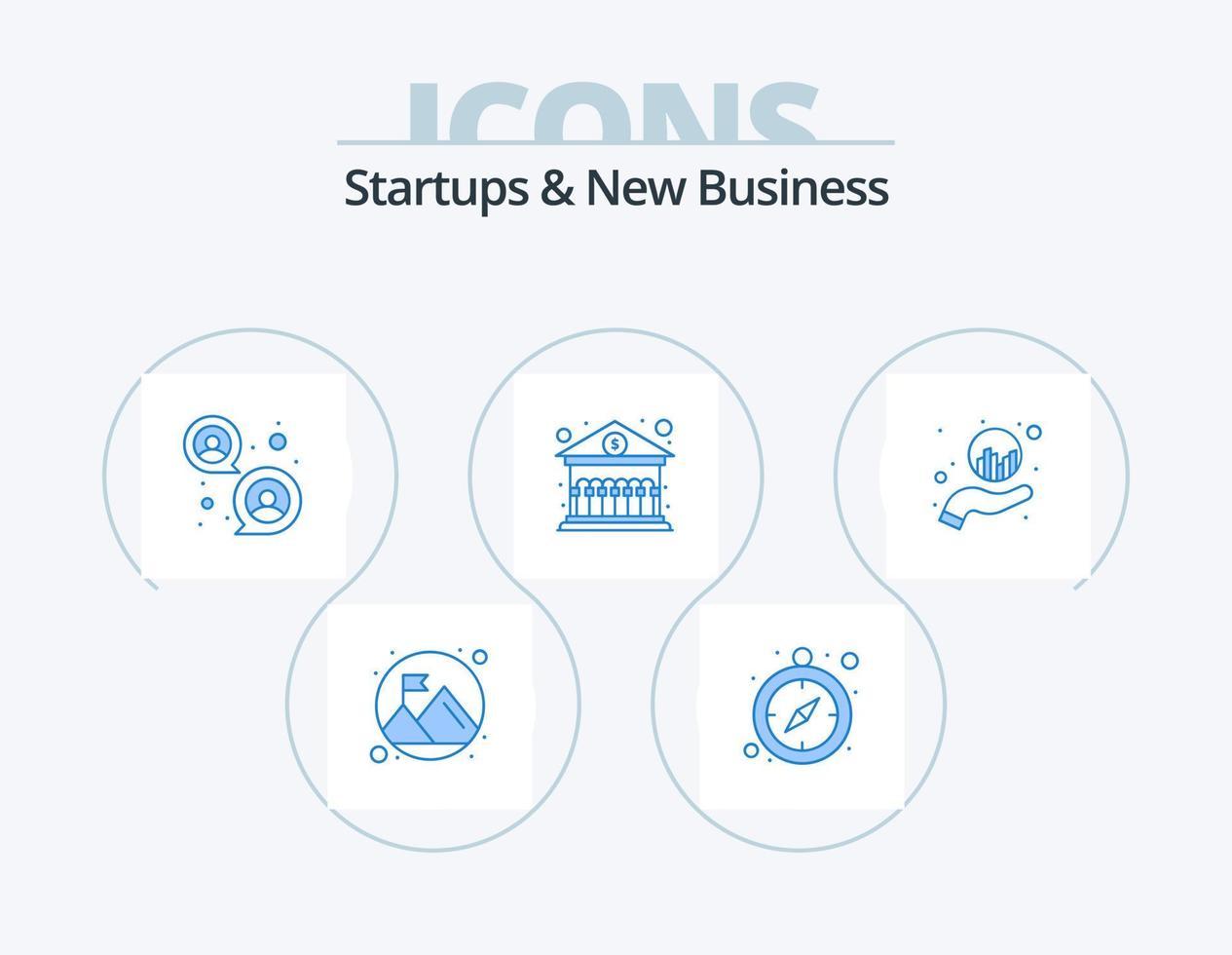 Startups And New Business Blue Icon Pack 5 Icon Design. . hand. focus group. graph. building vector