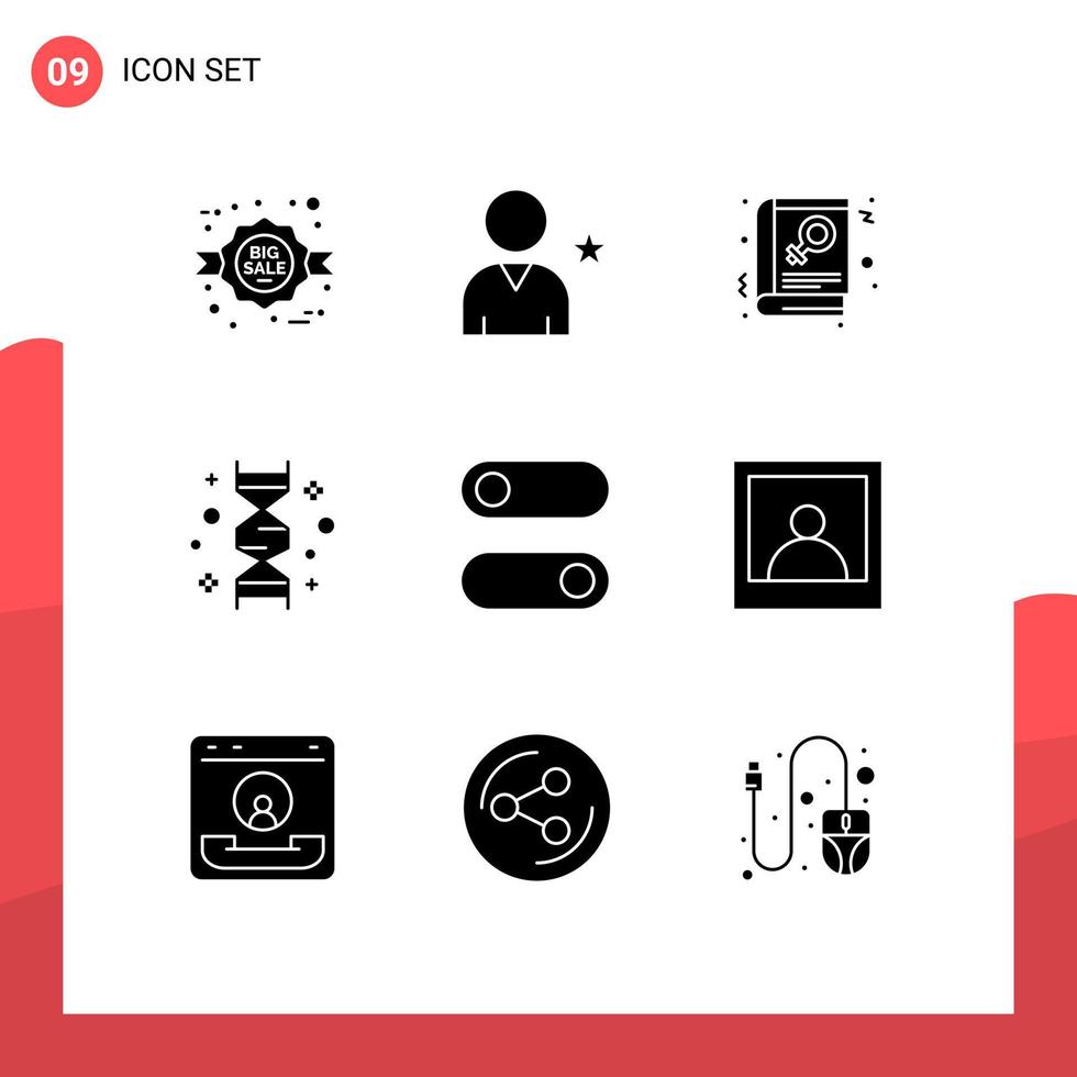Pictogram Set of 9 Simple Solid Glyphs of control genetic book gene chromosome Editable Vector Design Elements
