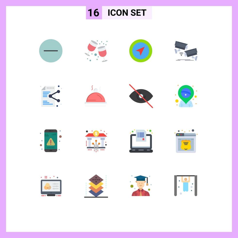 Modern Set of 16 Flat Colors Pictograph of file technology map surveillance camera Editable Pack of Creative Vector Design Elements