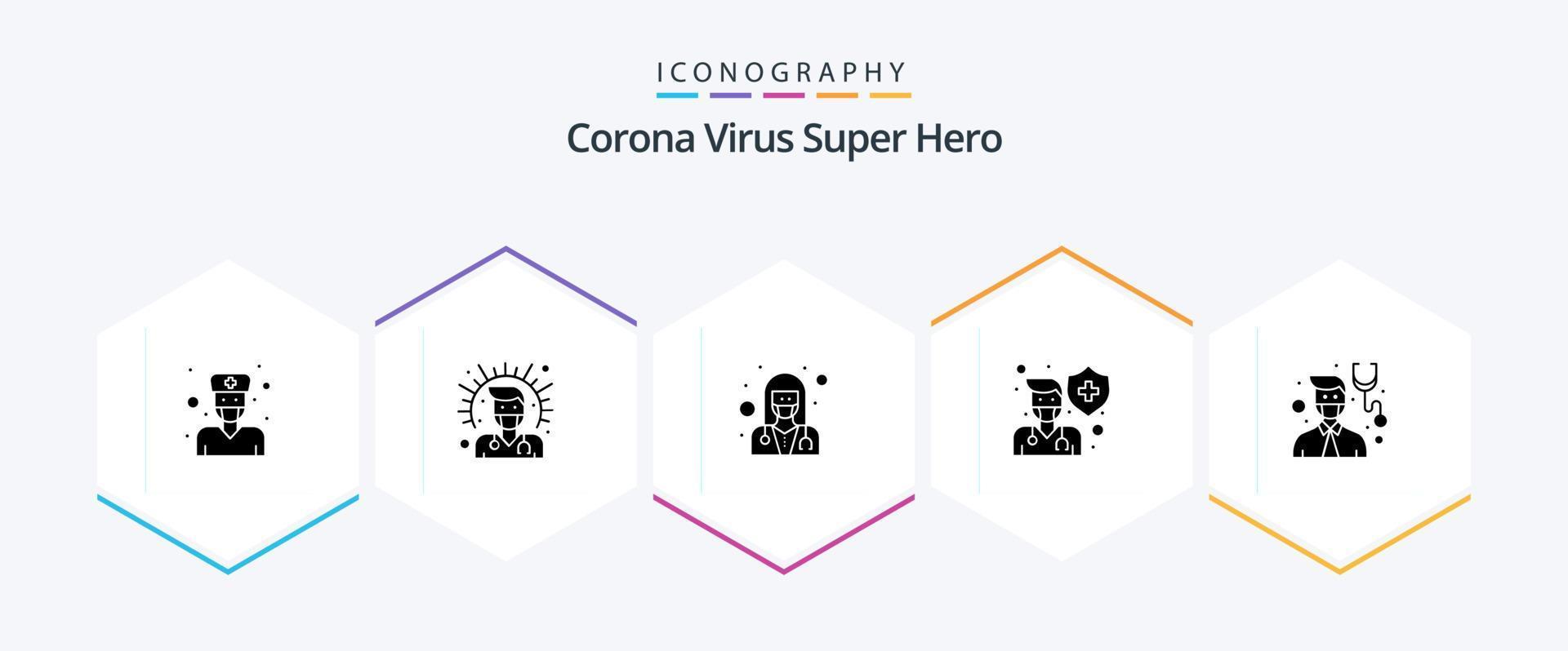 corona virus súper héroe 25 glifo icono paquete incluso blindaje. salud. femenino. doctor. médico vector