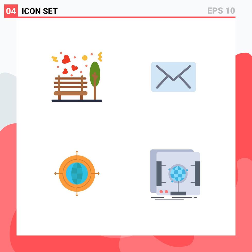 Pack of 4 Modern Flat Icons Signs and Symbols for Web Print Media such as bench focus park mail connected Editable Vector Design Elements