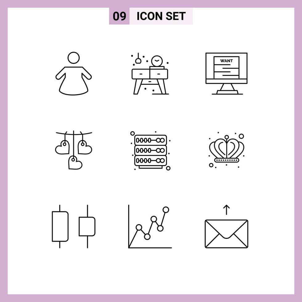 User Interface Pack of 9 Basic Outlines of crown rack technology hosting love Editable Vector Design Elements