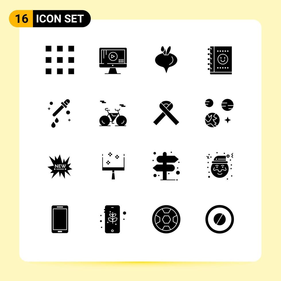 Universal Icon Symbols Group of 16 Modern Solid Glyphs of science dropper music planner notebook Editable Vector Design Elements